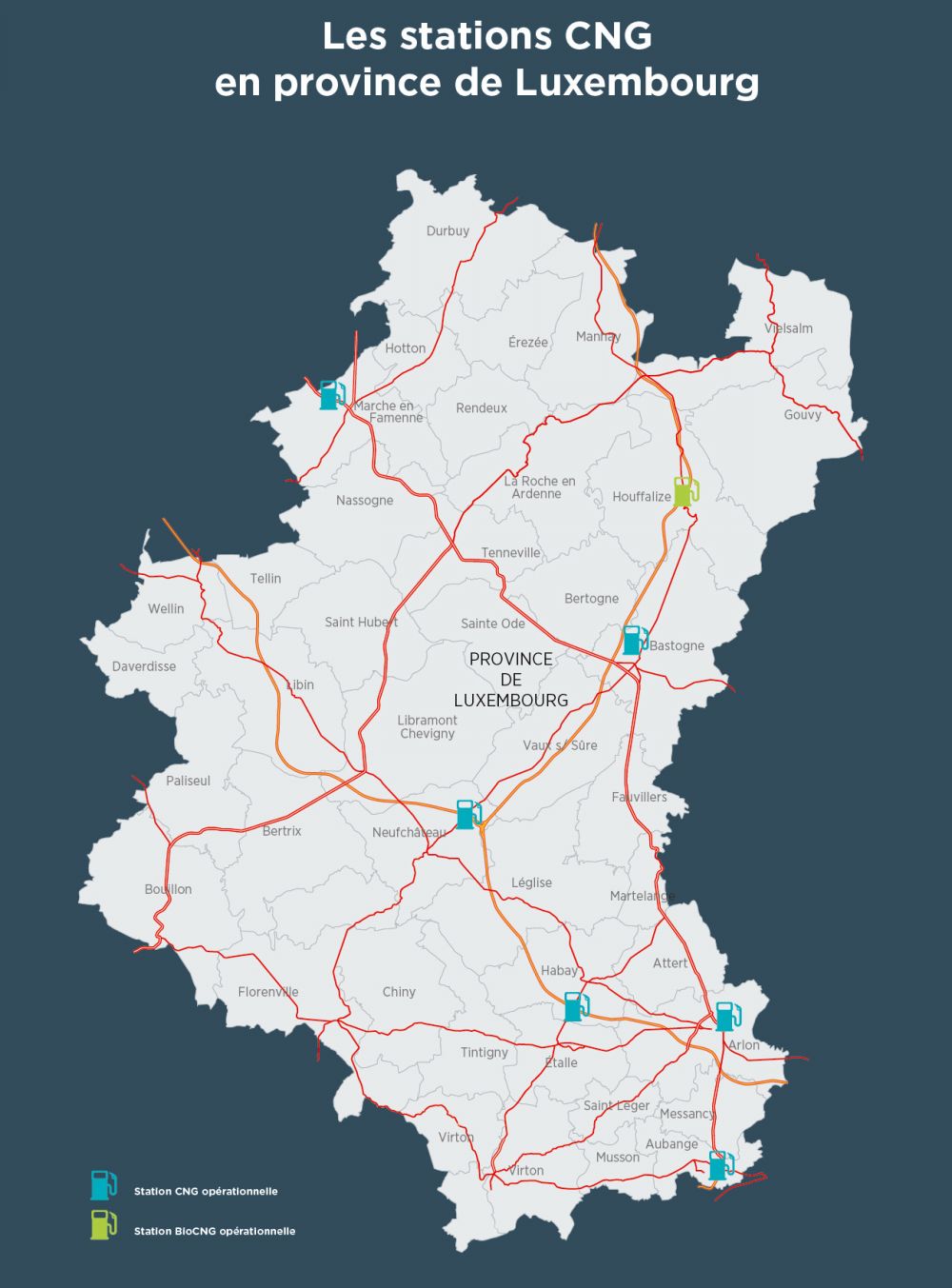 Carte des stations CNG de la province de Luxembourg