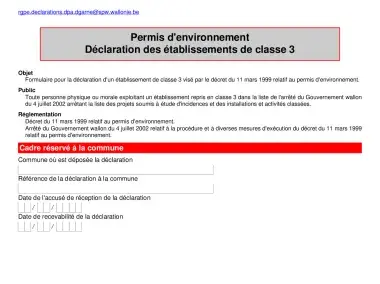 Formulaire de déclaration d'un établissement de classe 3