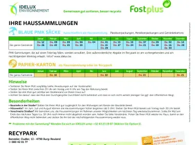 Calendrier papier des collectes 2023 - Burg-Reuland