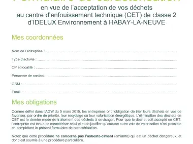 Formulaire de caractérisation des déchets non dangereux et non recyclables