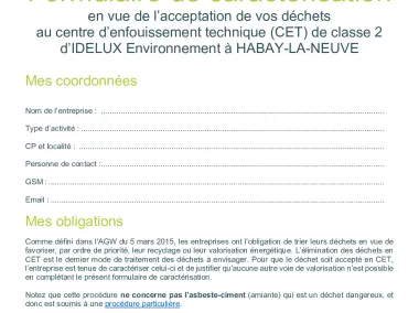 Formulaire de caractérisation des déchets non dangereux et non recyclables